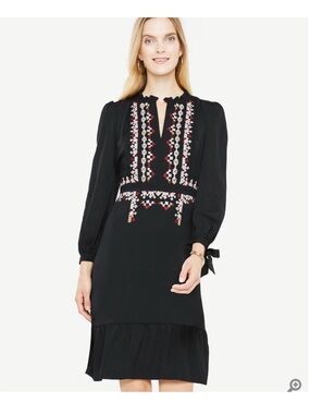 Ann Taylor Black Long-Sleeve Embroidered Shift Dress
